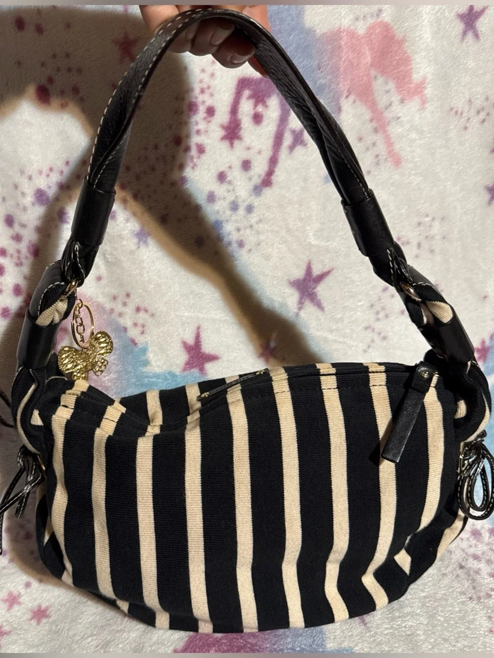 Kate Spade Vintage Black and Cream Striped Hobo Shoulder Bag